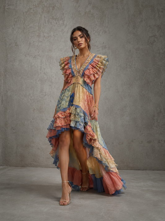 Bohemian sleeveless cotton and linen dress with embellishments