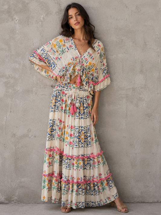 Maxi skirt and sleeveless top set in viscose with embellishments
