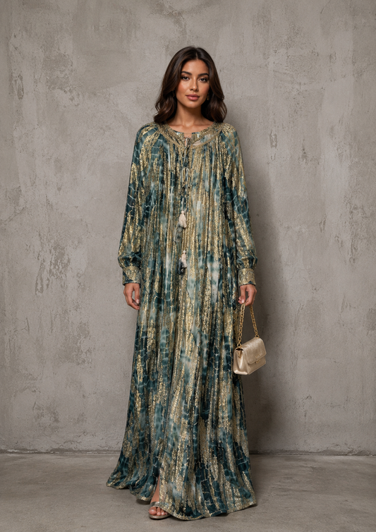 A silk brocade dress with long sleeves