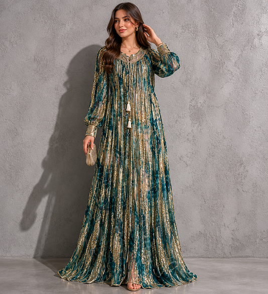 A silk brocade dress with long sleeves