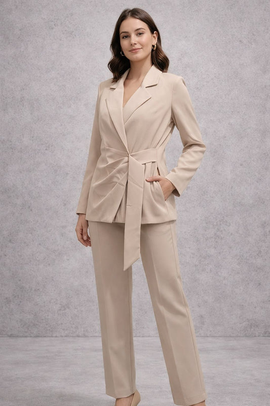 Pantsuit with a formal cut jacket and belt