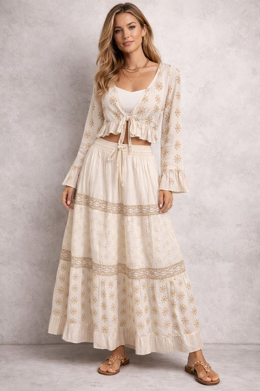 Two-piece skirt set with a long-sleeve top