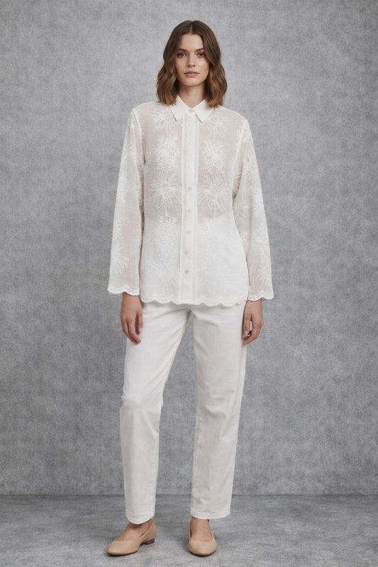 Long-sleeve top with buttons and embellishments