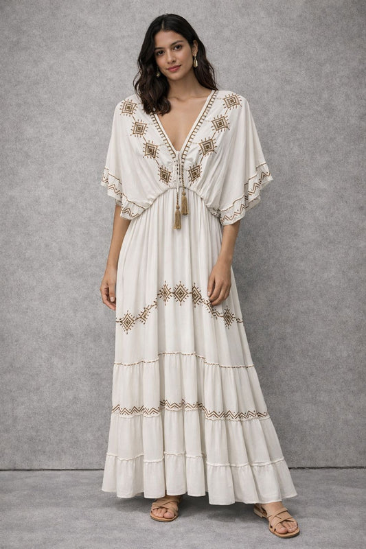 Bohemian-style maxi dress with short  sleeves and embellishment