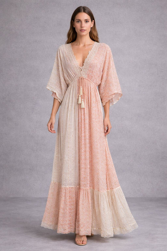 Bohemian-style maxi dress with short sleeves and embellishments