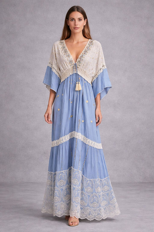 Bohemian-style maxi dress with short sleeves and lace with embellishments