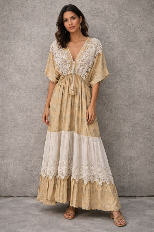 Maxi dress in a bohemian style with short sleeves