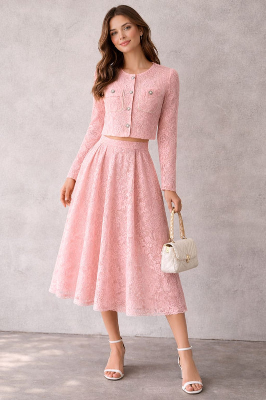 Midi skirt set with open-front top featuring lace sleeves.