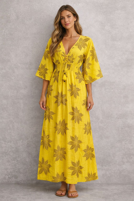 Maxi Short Sleeve Cotton Dress with Trim