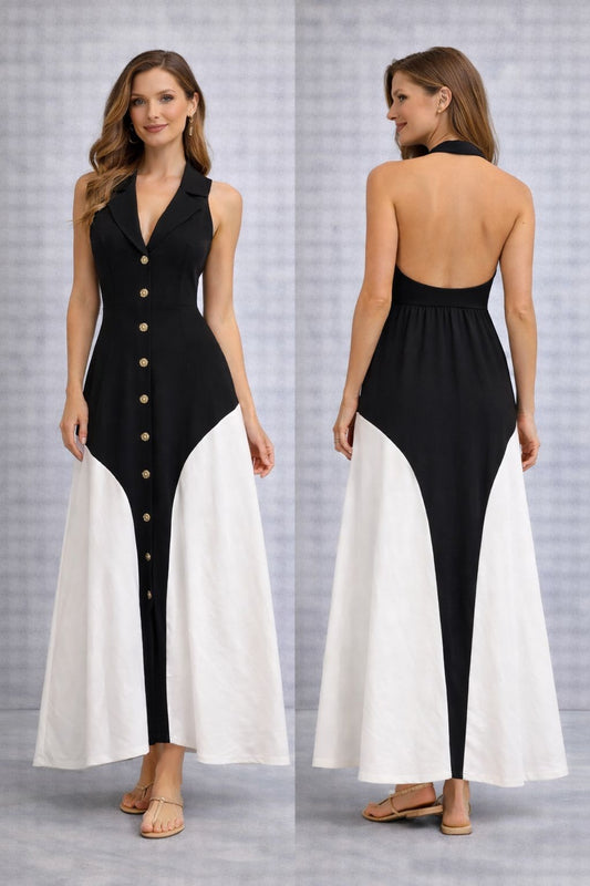 Dress Maxi Sleeveless Formal Cut with Front Buttons Crepe