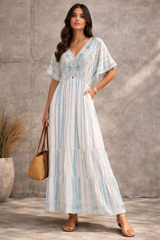 Dress Maxi Short Sleeves Cotton With Embellishments