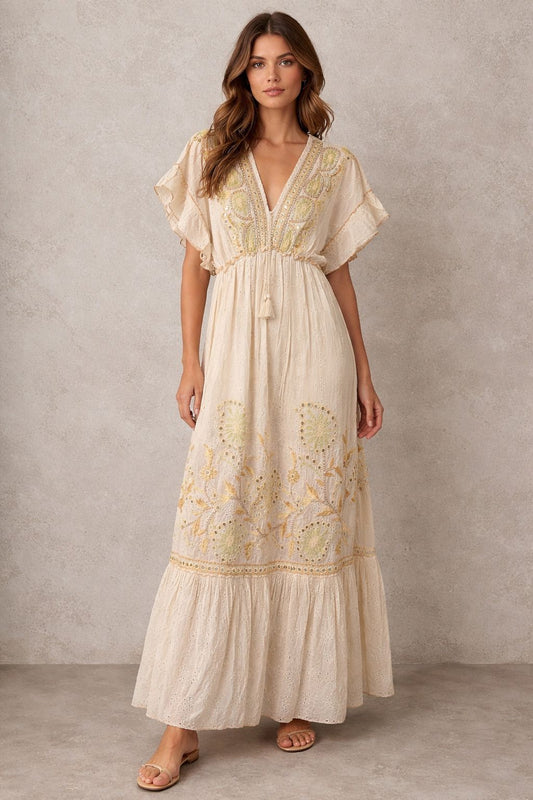 Short-sleeved cotton maxi dress with embellishments
