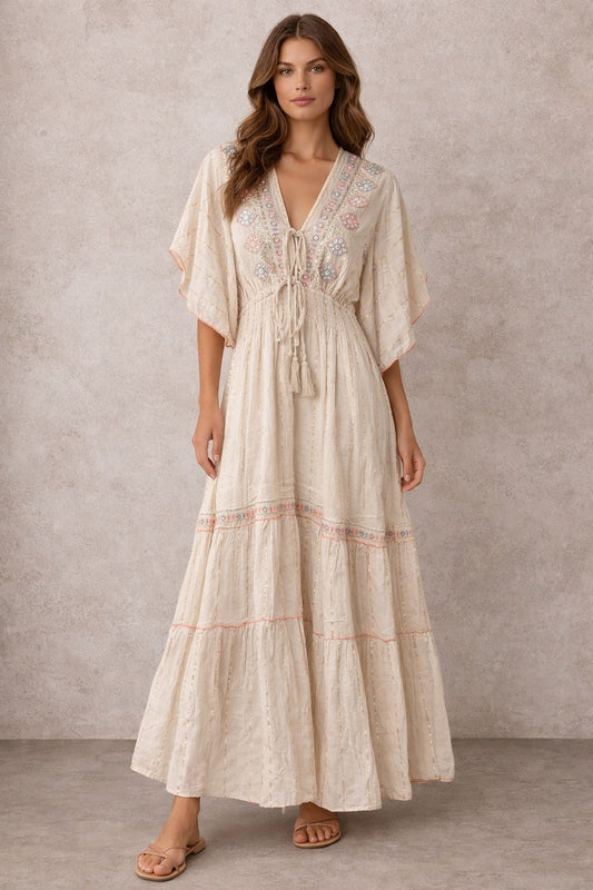 Long-sleeved cotton maxi dress with embellishments