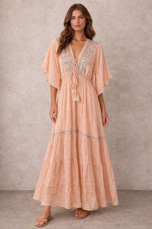 Short-sleeved cotton maxi dress with embellishments