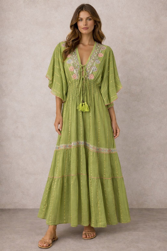 Long-sleeved cotton maxi dress with embellishments