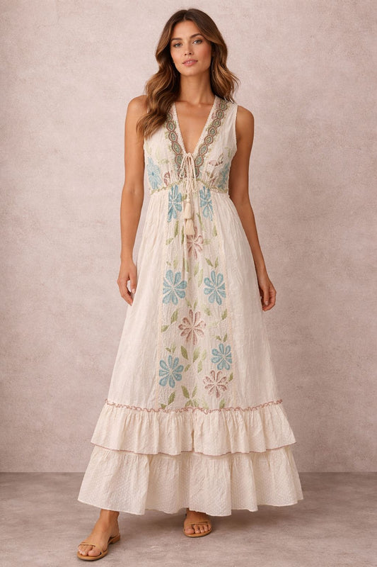 Sleeveless cotton maxi dress with embellishments