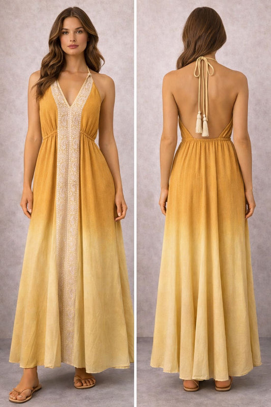 Sleeveless maxi dress in linen and cotton with embellishments