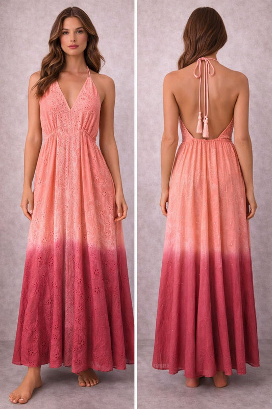 Sleeveless maxi dress in linen and cotton with embellishments