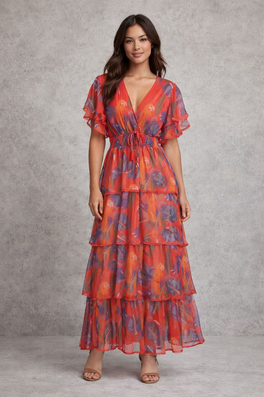 Printed chiffon short-sleeved maxi dress