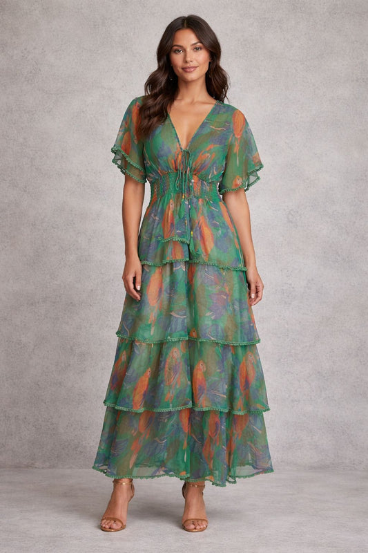 Printed chiffon short-sleeved maxi dress
