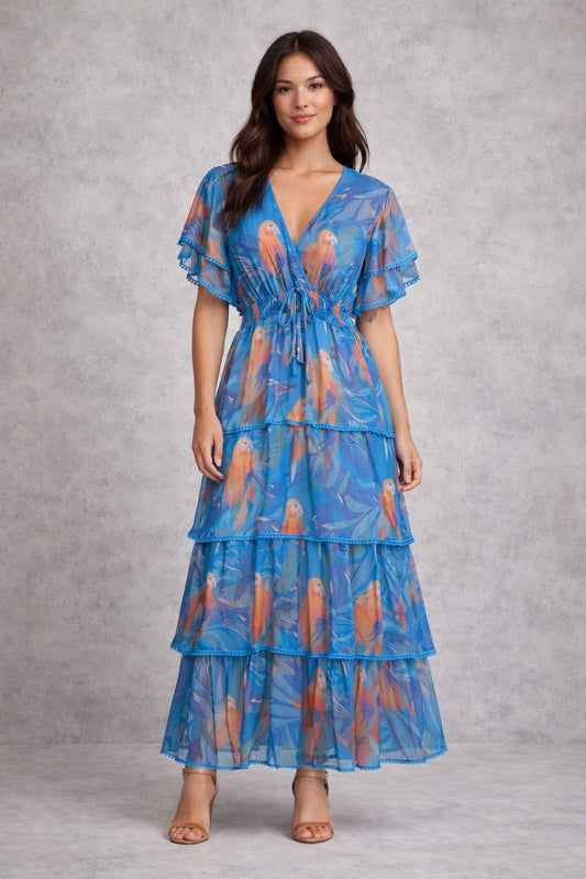Printed chiffon short-sleeved maxi dress