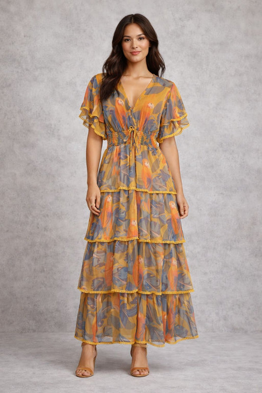 Printed chiffon short-sleeved maxi dress