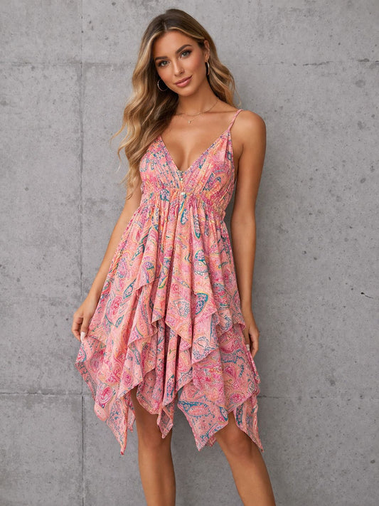 Short sleeveless printed silk dress