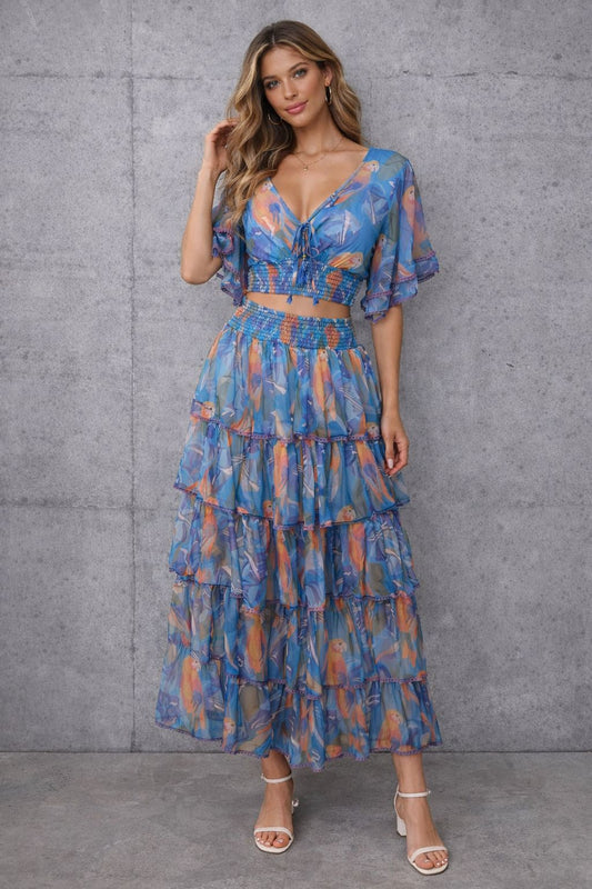 Printed chiffon short-sleeved skirt and top set