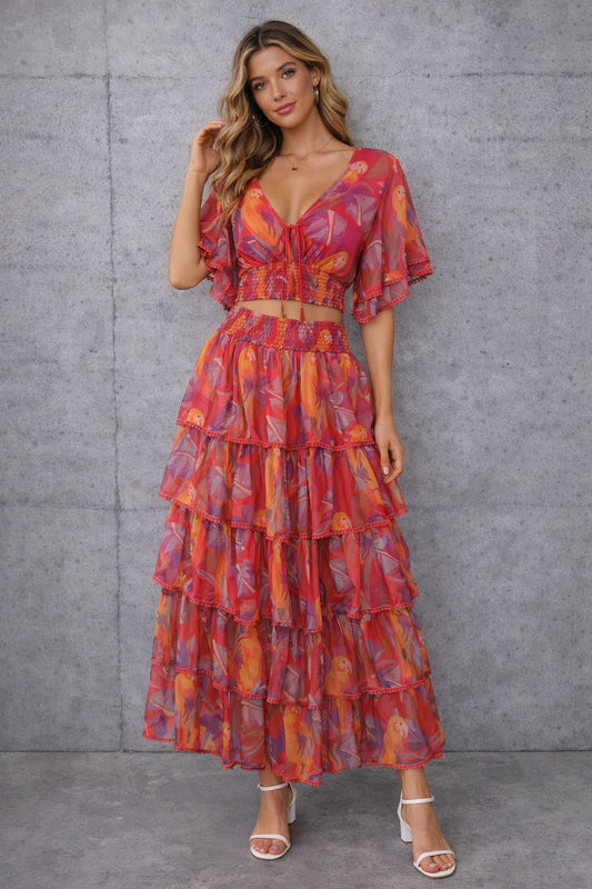 Printed chiffon short-sleeved skirt and top set