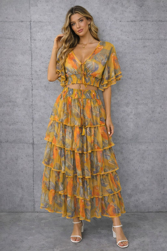 Printed chiffon short-sleeved skirt and top set