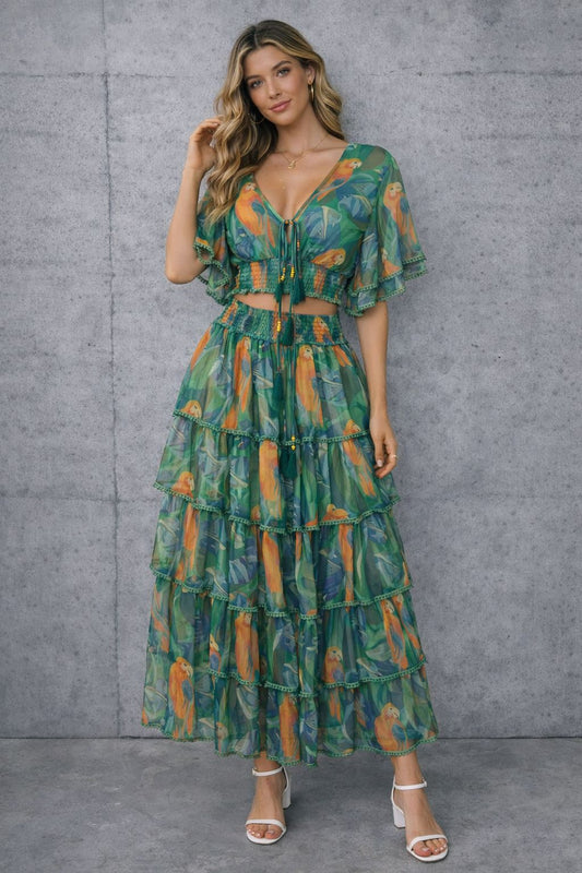 Printed chiffon short-sleeved skirt and top set