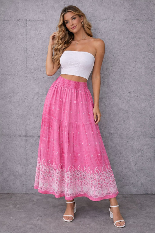 Printed cotton maxi skirt with embroidery