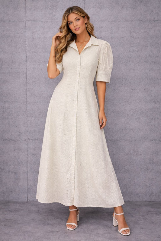 Short-sleeved cotton maxi dress with embellishments