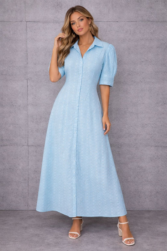 Short-sleeved cotton maxi dress with embellishments