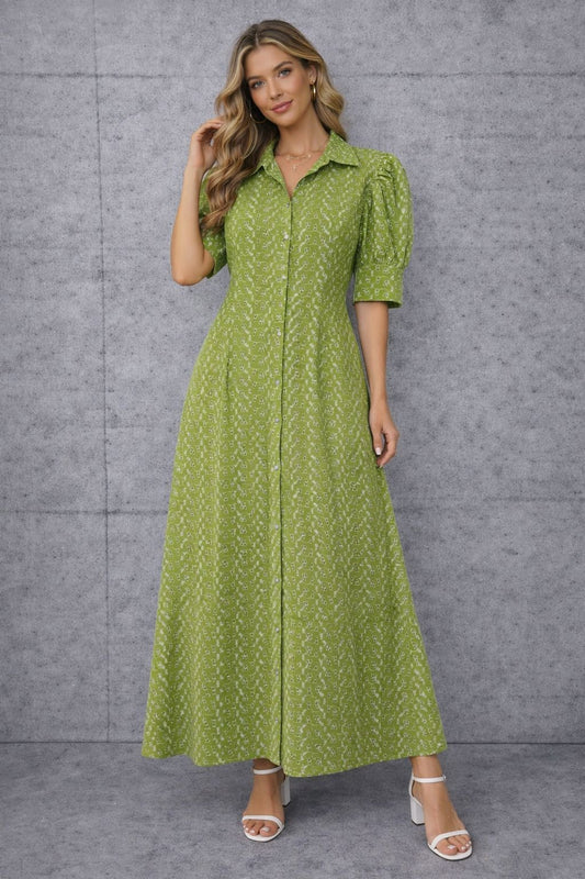 Short-sleeved cotton maxi dress with embellishments