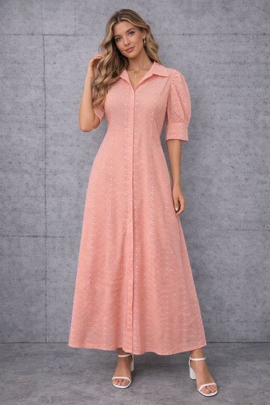 Short-sleeved cotton maxi dress with embellishments