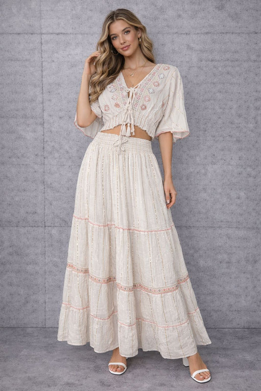 Maxi skirt and short-sleeved cotton top set with embellishments