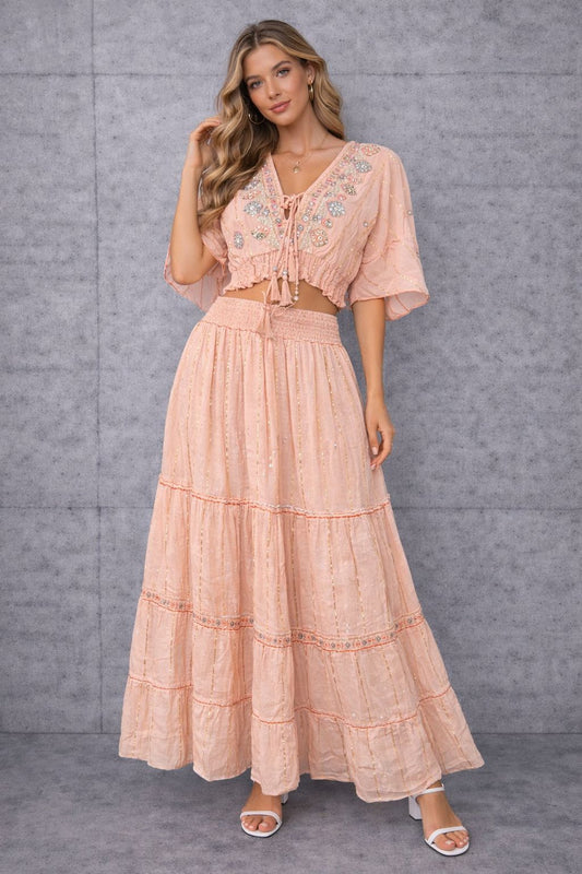 Maxi skirt and short-sleeved cotton top set with embellishments