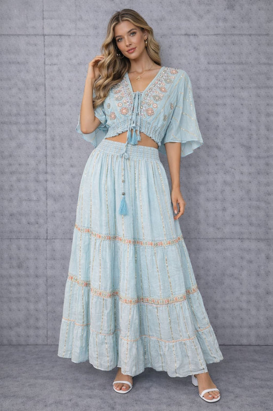 Maxi skirt and short-sleeved cotton top set with embellishments