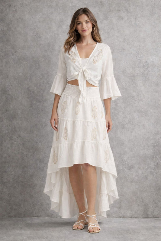 Linen skirt and short-sleeved top set with embellishments
