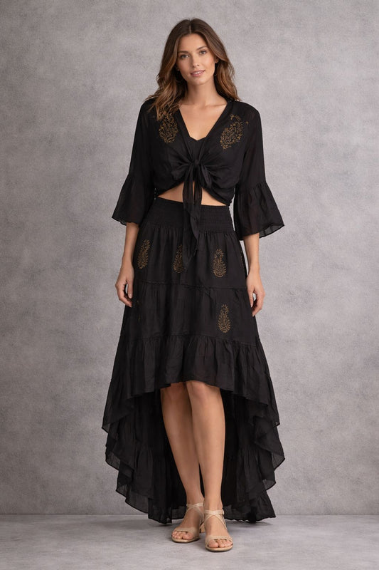 Linen skirt and short-sleeved top set with embellishments